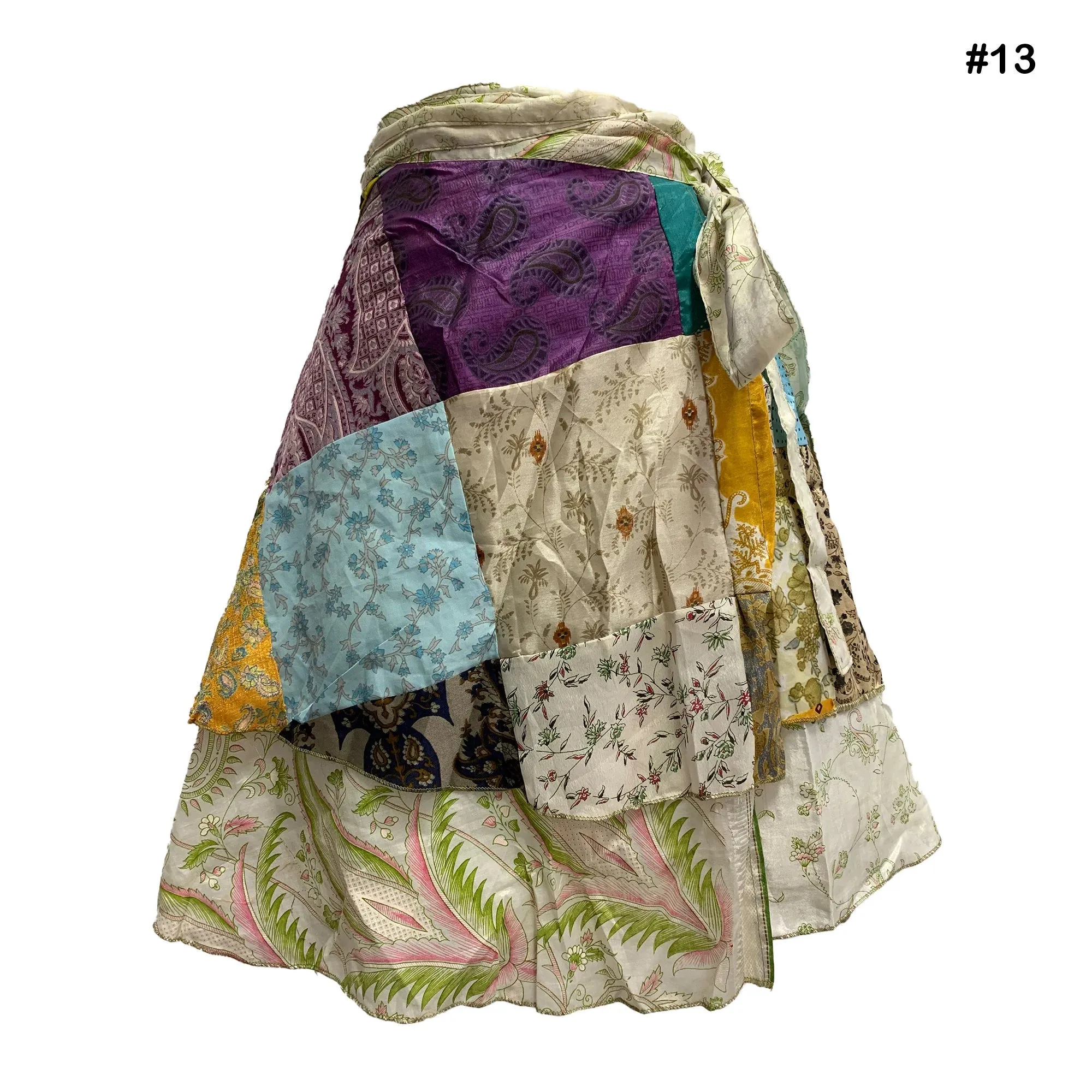 Handmade Patchwork Indian Bohemian Recycled Vintage Silk Frabric Reversible Wrap-Around Mini Midi Skirt
