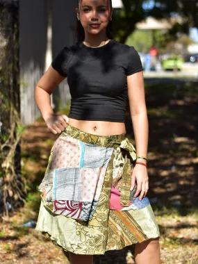 Handmade Patchwork Indian Bohemian Recycled Vintage Silk Frabric Reversible Wrap-Around Mini Midi Skirt