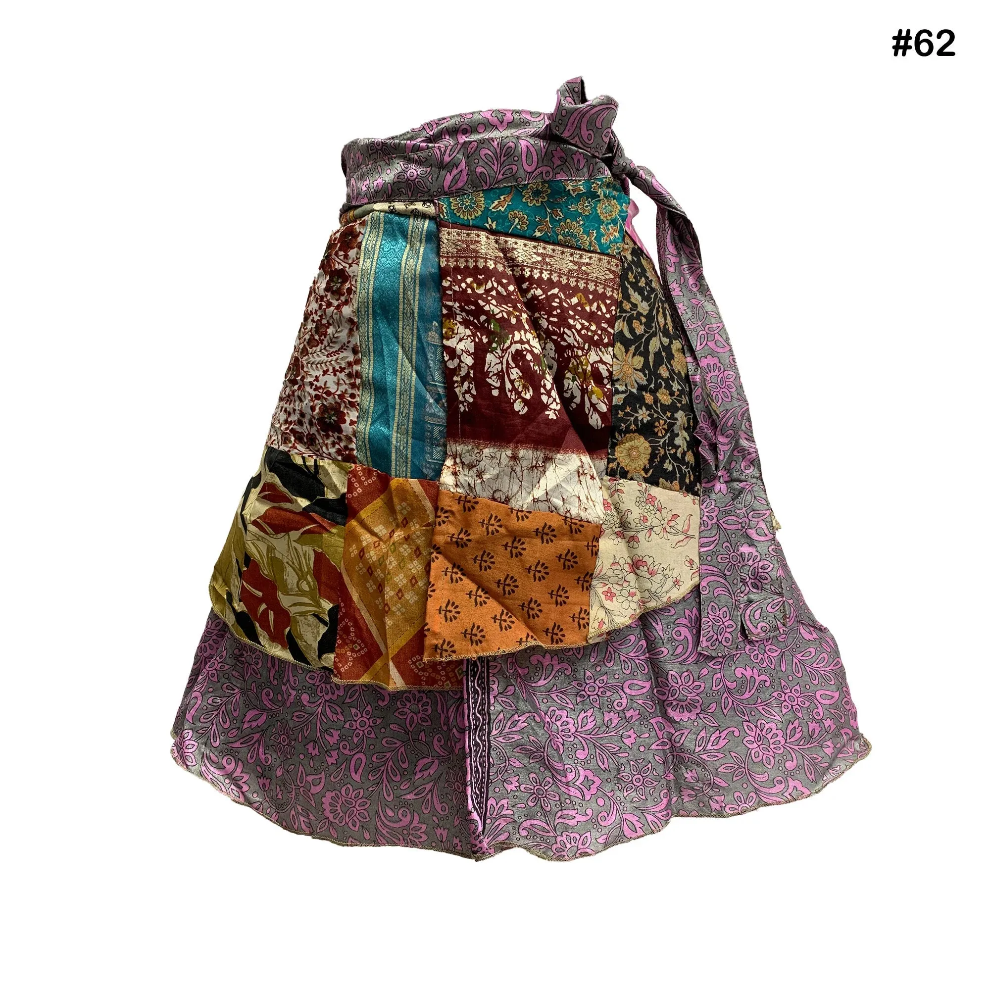 Handmade Patchwork Indian Bohemian Recycled Vintage Silk Frabric Reversible Wrap-Around Mini Midi Skirt