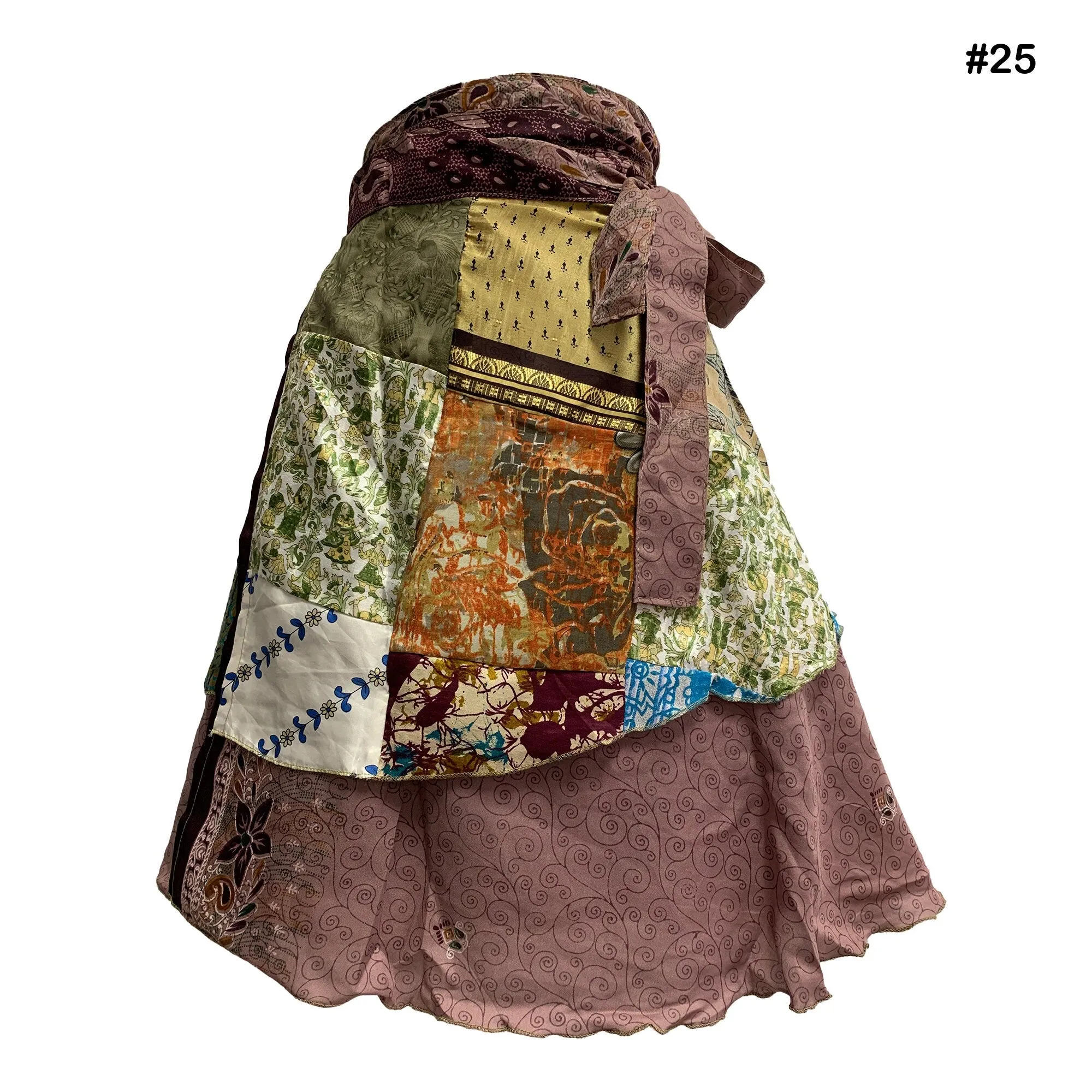 Handmade Patchwork Indian Bohemian Recycled Vintage Silk Frabric Reversible Wrap-Around Mini Midi Skirt