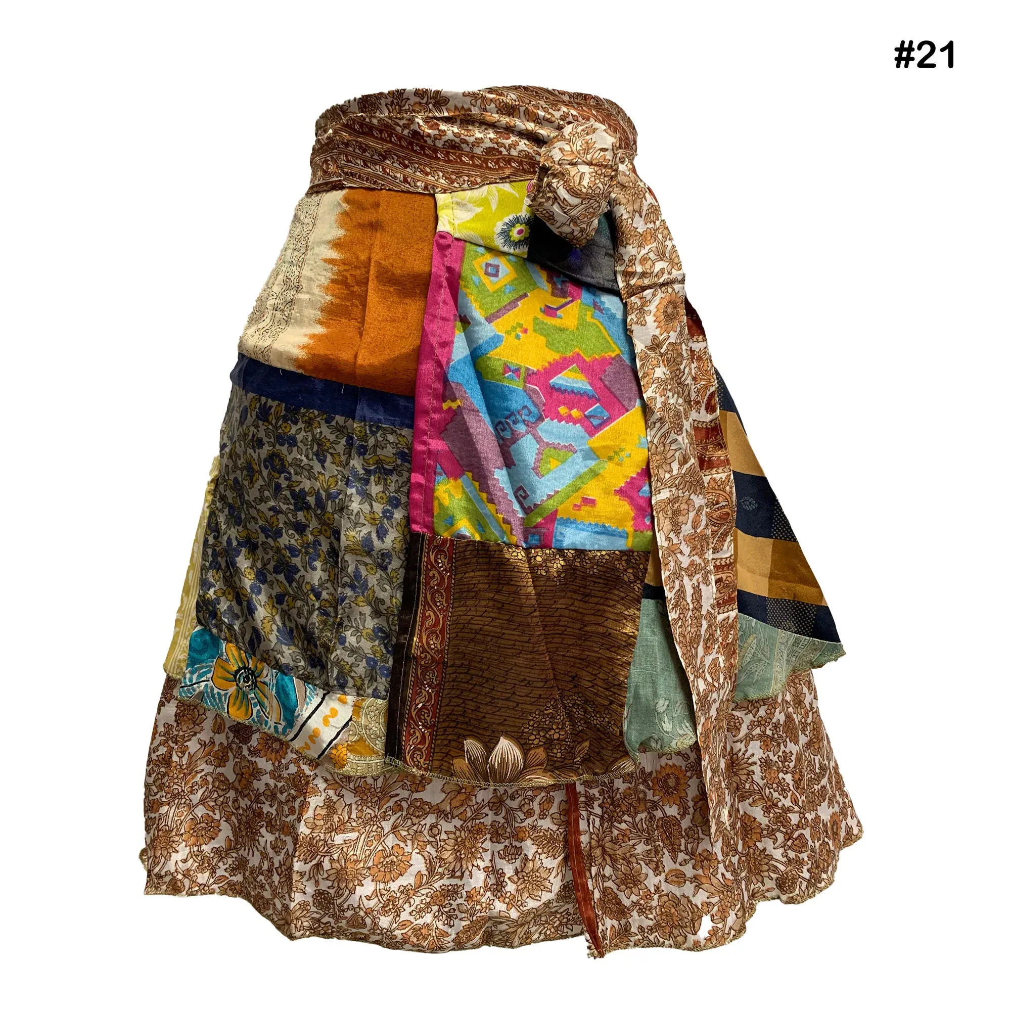 Handmade Patchwork Indian Bohemian Recycled Vintage Silk Frabric Reversible Wrap-Around Mini Midi Skirt