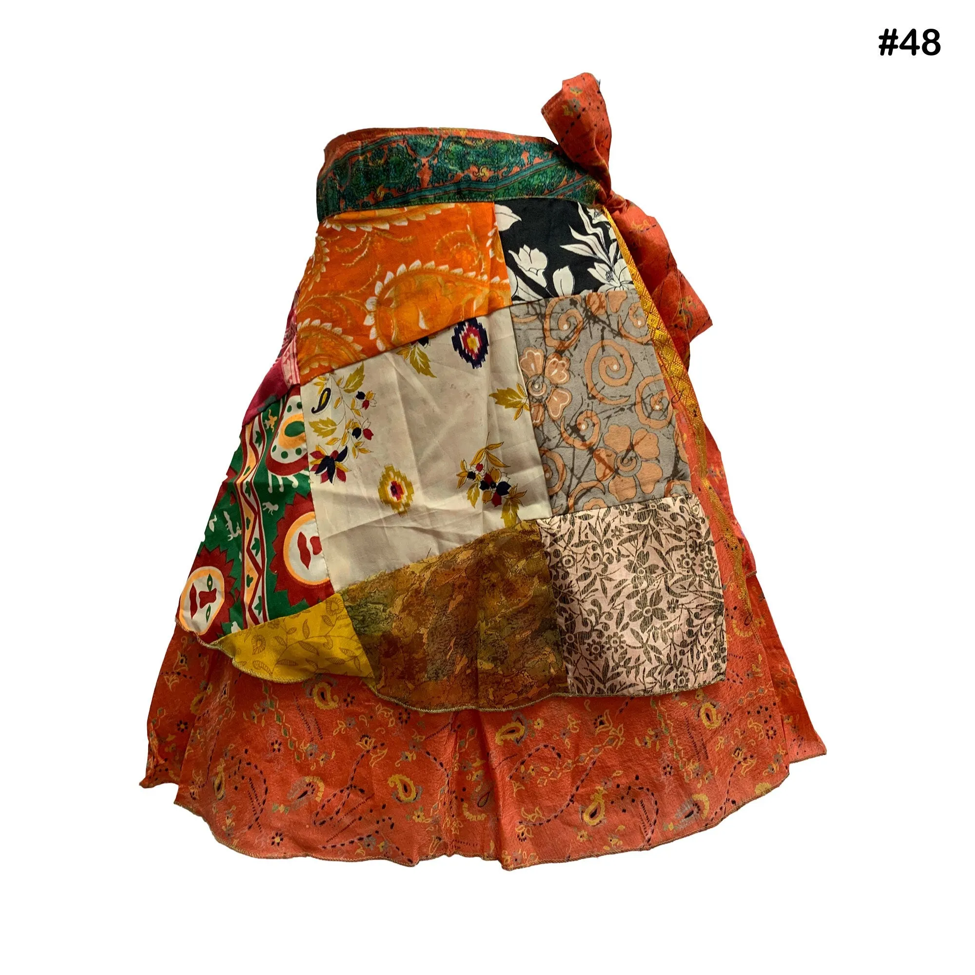 Handmade Patchwork Indian Bohemian Recycled Vintage Silk Frabric Reversible Wrap-Around Mini Midi Skirt