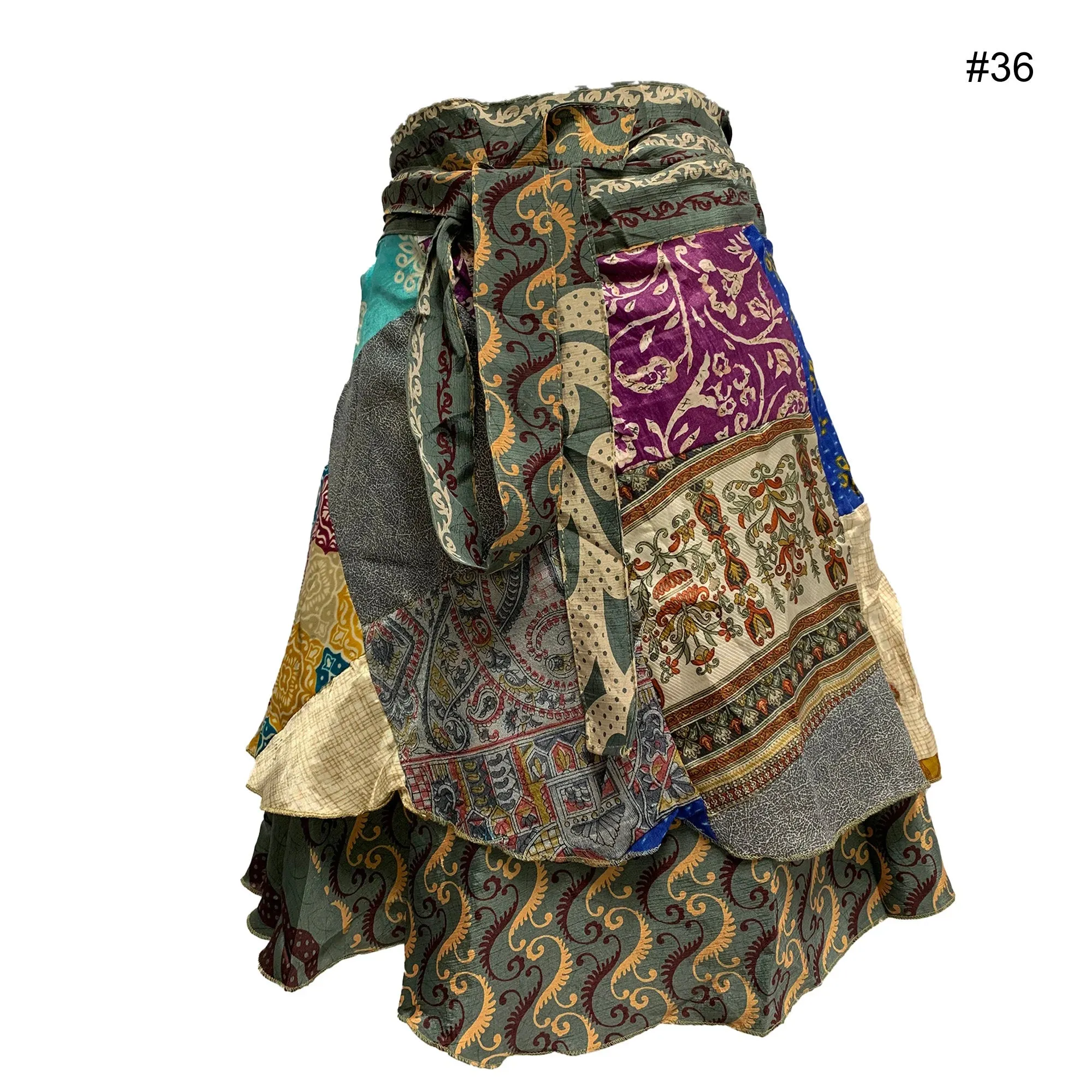 Handmade Patchwork Indian Bohemian Recycled Vintage Silk Frabric Reversible Wrap-Around Mini Midi Skirt