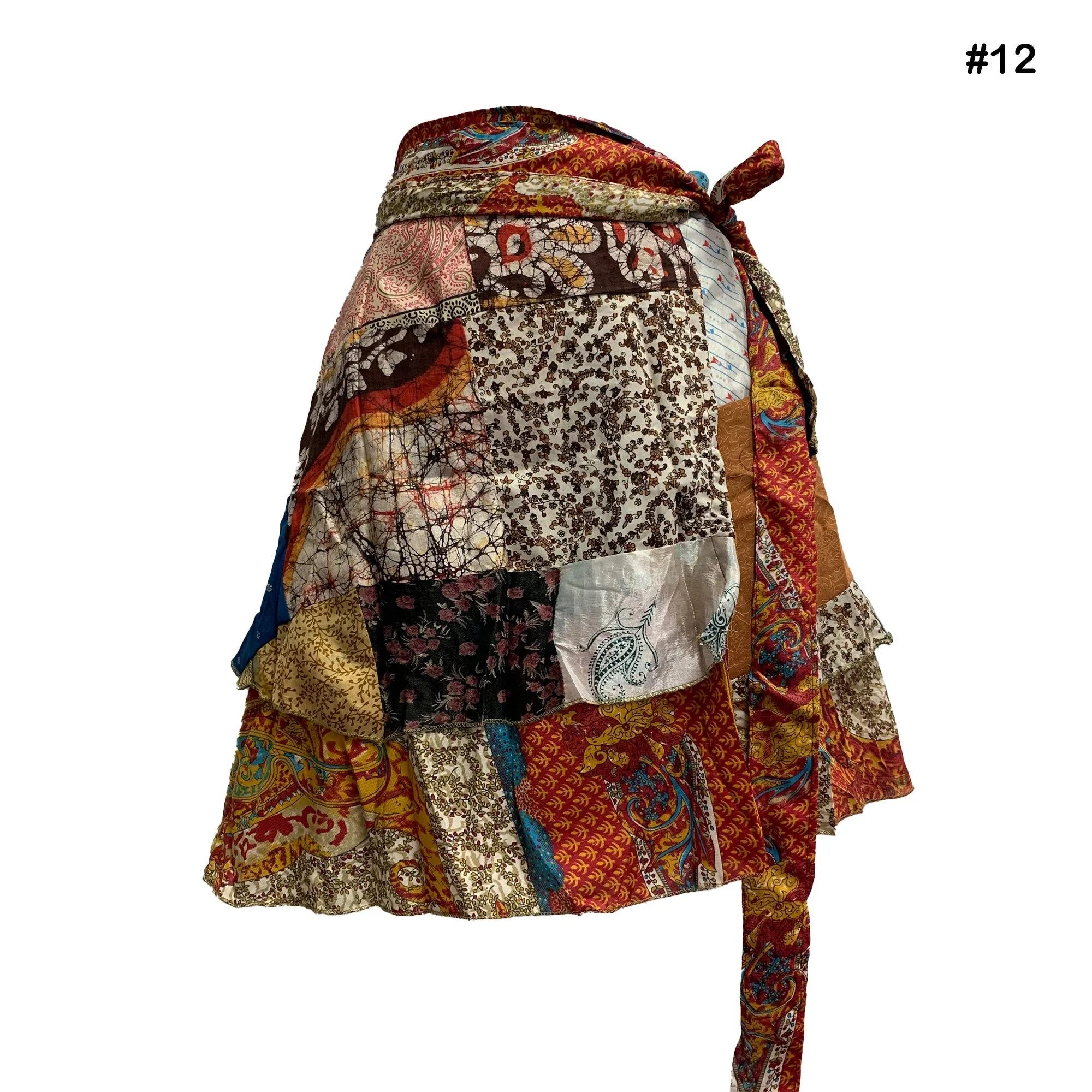Handmade Patchwork Indian Bohemian Recycled Vintage Silk Frabric Reversible Wrap-Around Mini Midi Skirt