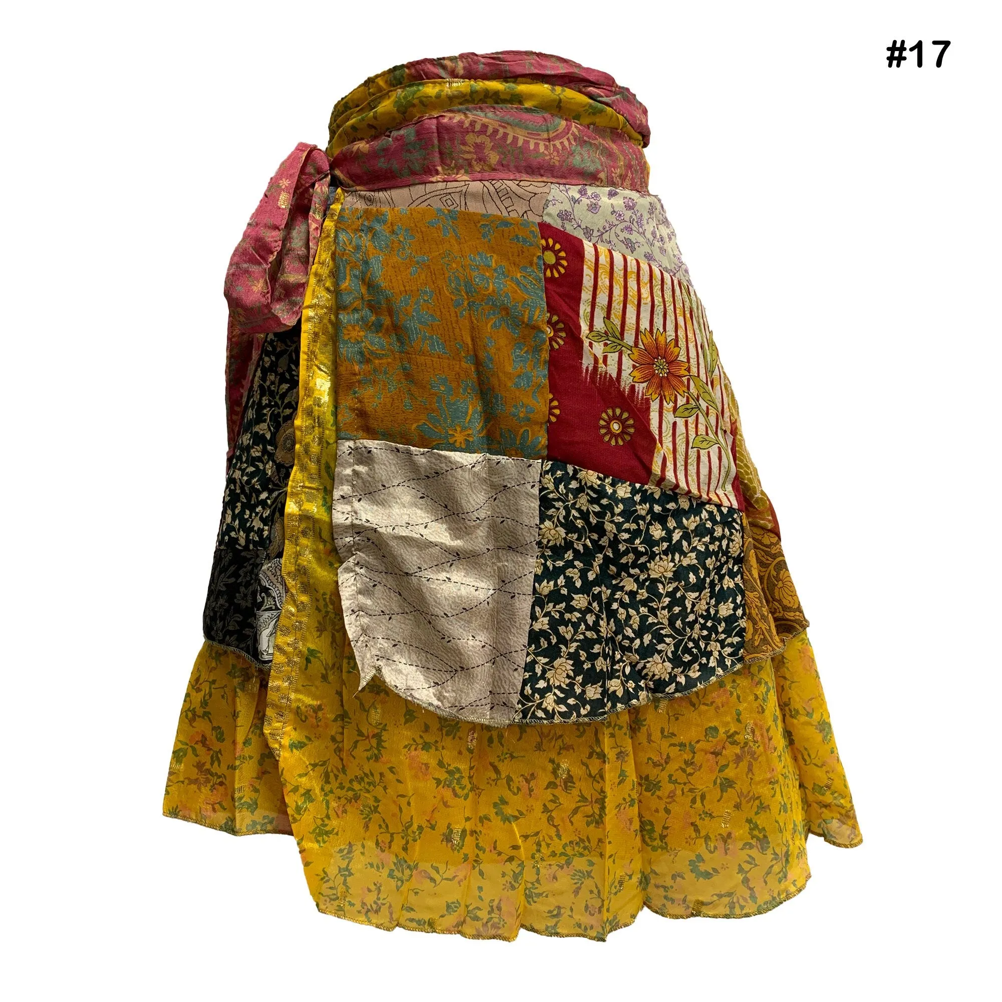Handmade Patchwork Indian Bohemian Recycled Vintage Silk Frabric Reversible Wrap-Around Mini Midi Skirt