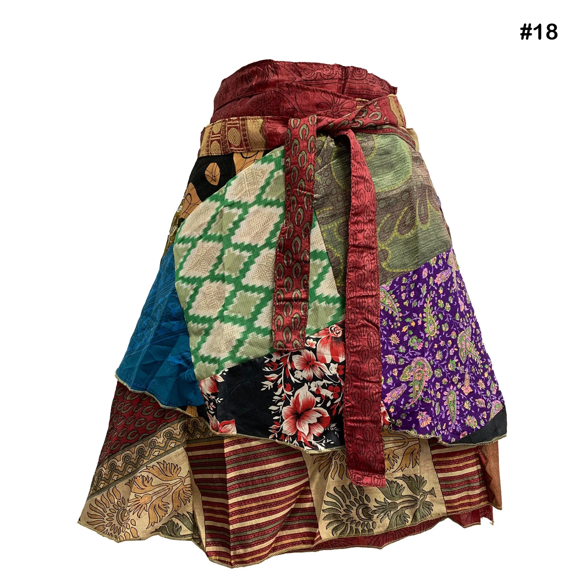 Handmade Patchwork Indian Bohemian Recycled Vintage Silk Frabric Reversible Wrap-Around Mini Midi Skirt