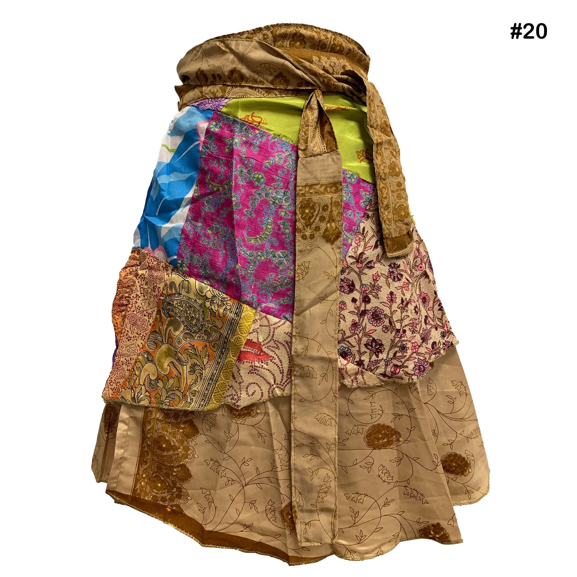 Handmade Patchwork Indian Bohemian Recycled Vintage Silk Frabric Reversible Wrap-Around Mini Midi Skirt