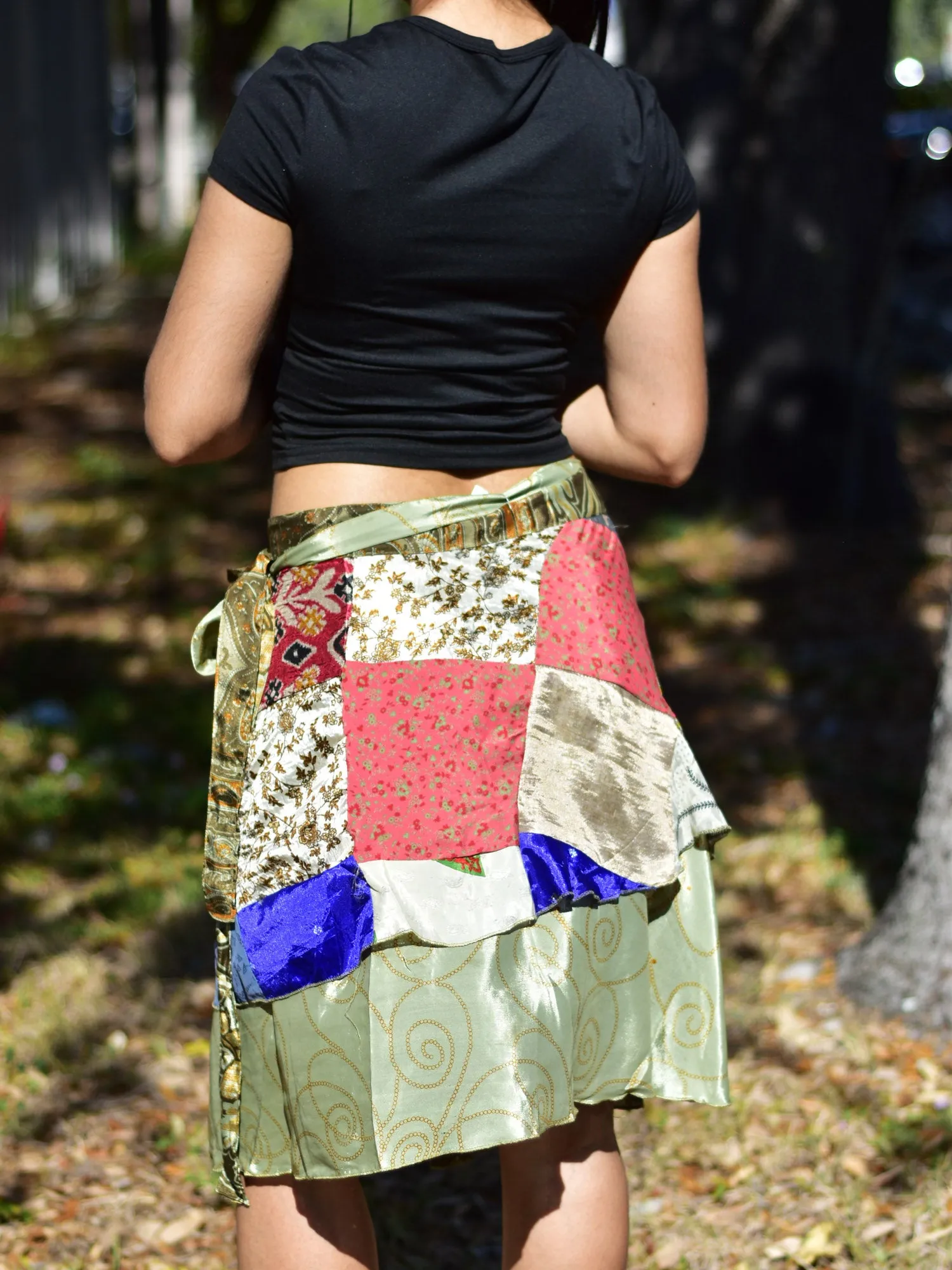 Handmade Patchwork Indian Bohemian Recycled Vintage Silk Frabric Reversible Wrap-Around Mini Midi Skirt