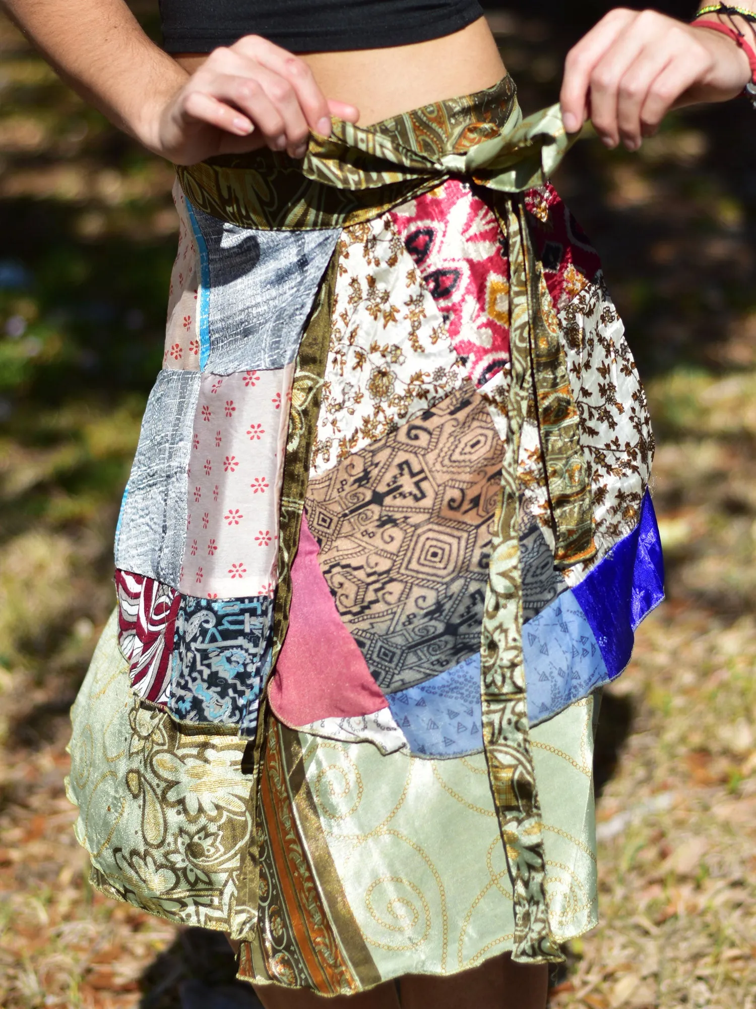 Handmade Patchwork Indian Bohemian Recycled Vintage Silk Frabric Reversible Wrap-Around Mini Midi Skirt