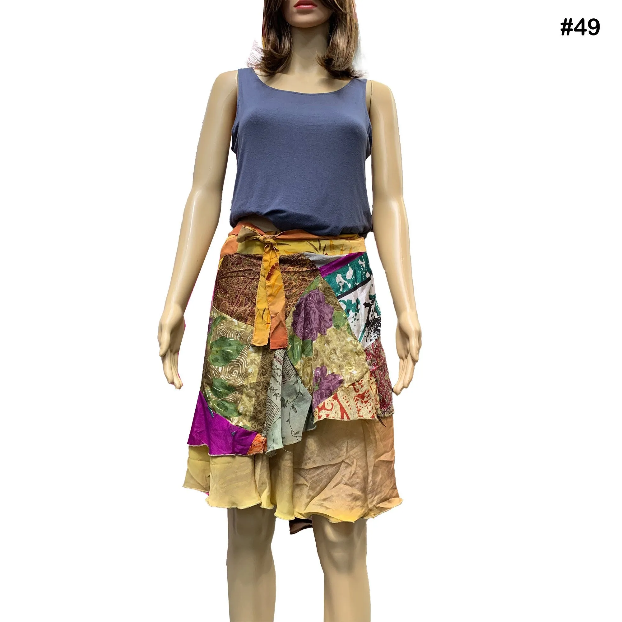 Handmade Patchwork Indian Bohemian Recycled Vintage Silk Frabric Reversible Wrap-Around Mini Midi Skirt