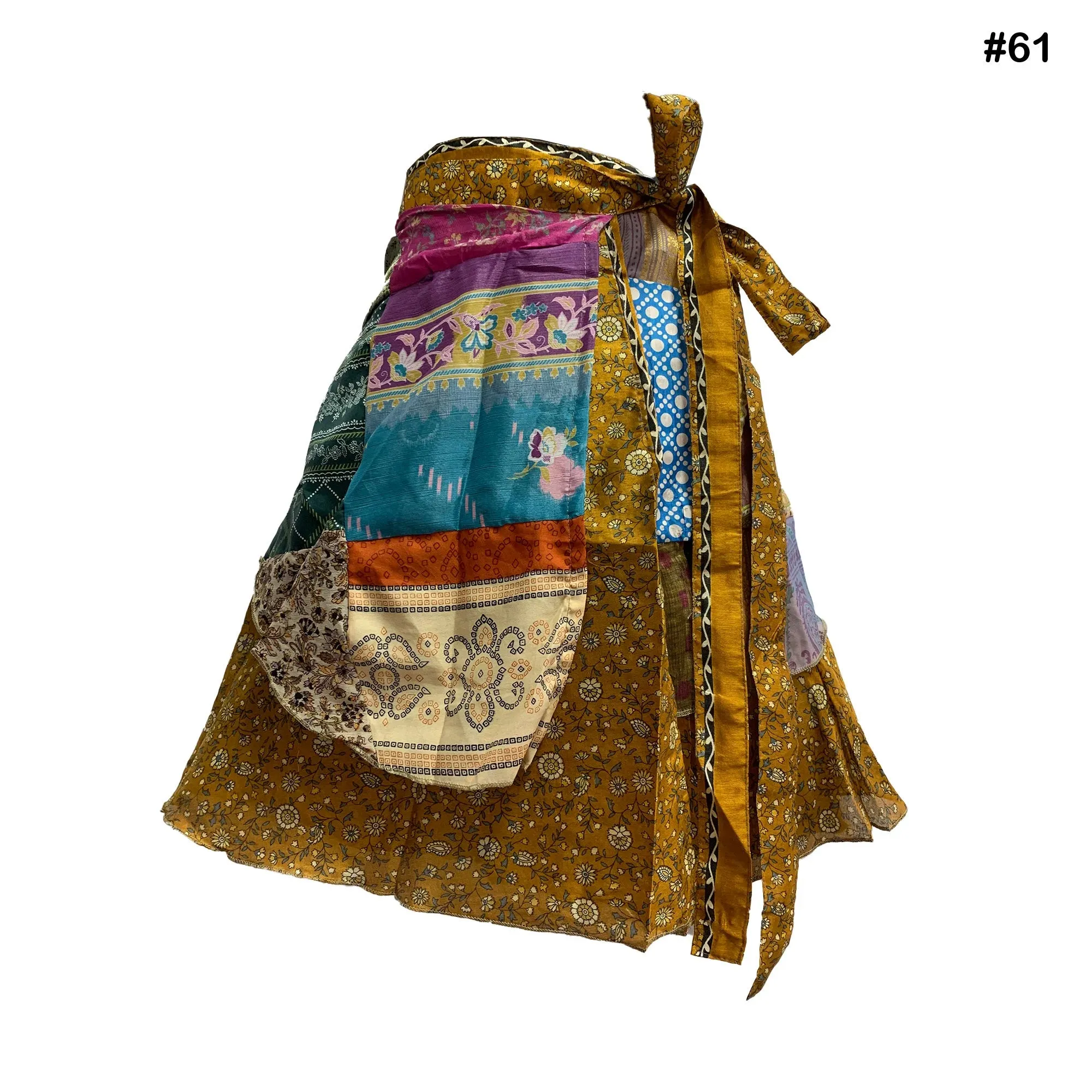 Handmade Patchwork Indian Bohemian Recycled Vintage Silk Frabric Reversible Wrap-Around Mini Midi Skirt