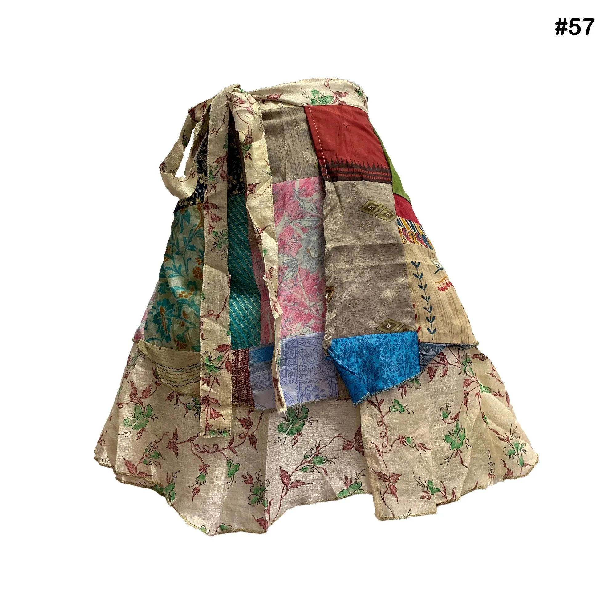 Handmade Patchwork Indian Bohemian Recycled Vintage Silk Frabric Reversible Wrap-Around Mini Midi Skirt