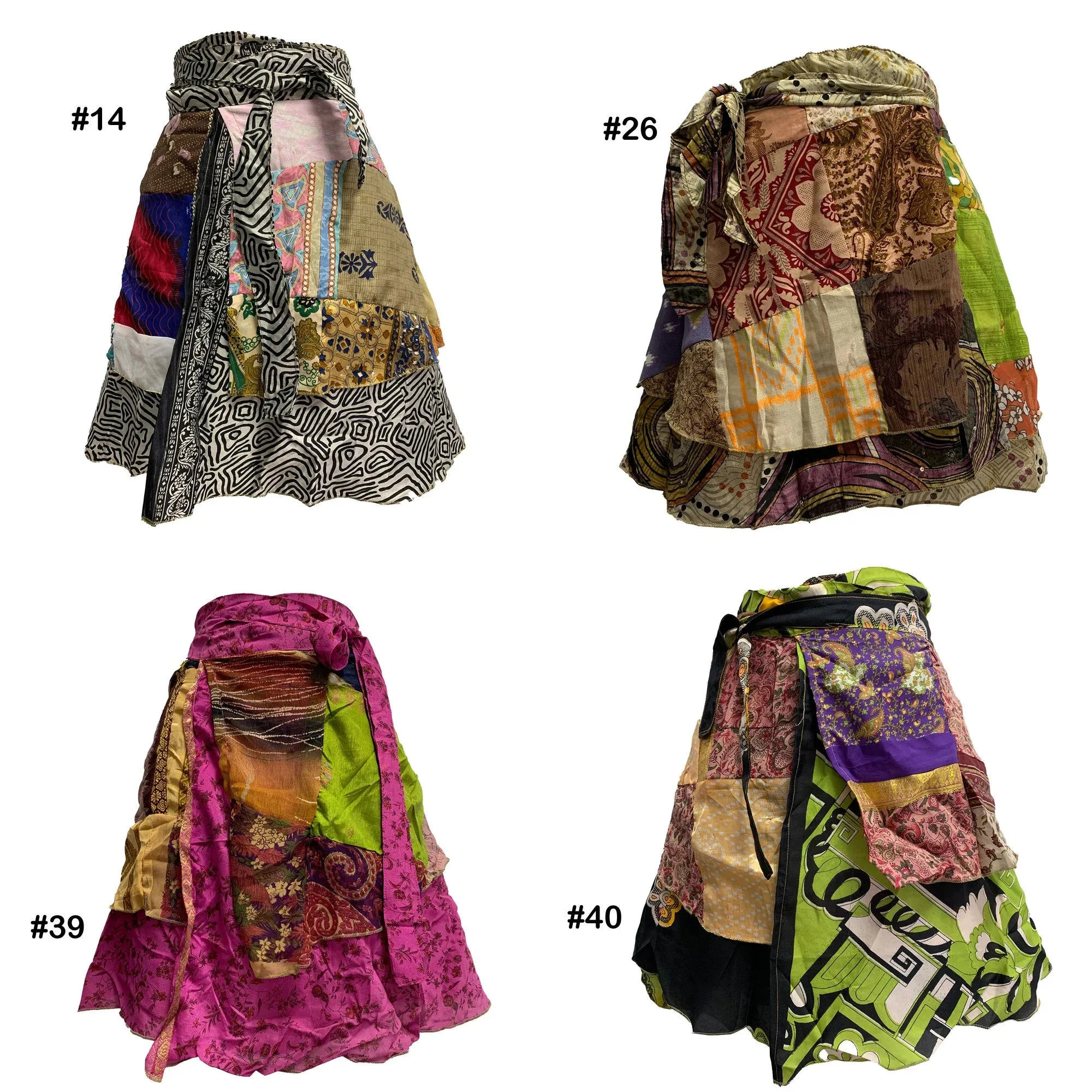Handmade Patchwork Indian Bohemian Recycled Vintage Silk Frabric Reversible Wrap-Around Mini Midi Skirt