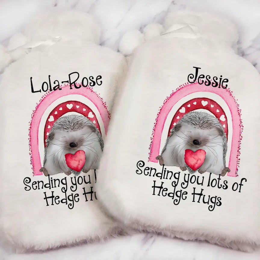 Hedgehog Sending Hugs Personalised Hot Water Bottle Cover