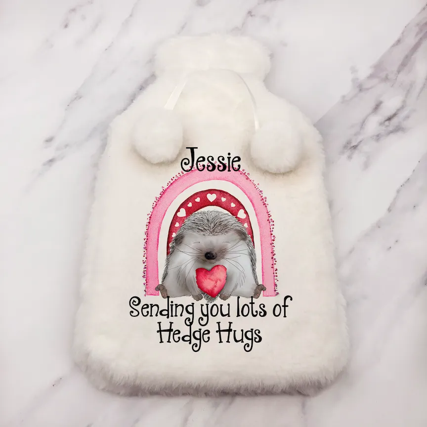 Hedgehog Sending Hugs Personalised Hot Water Bottle Cover