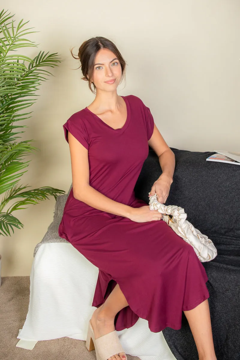 Hidden Pocket Batwing Sleeve V Neck Long Dress