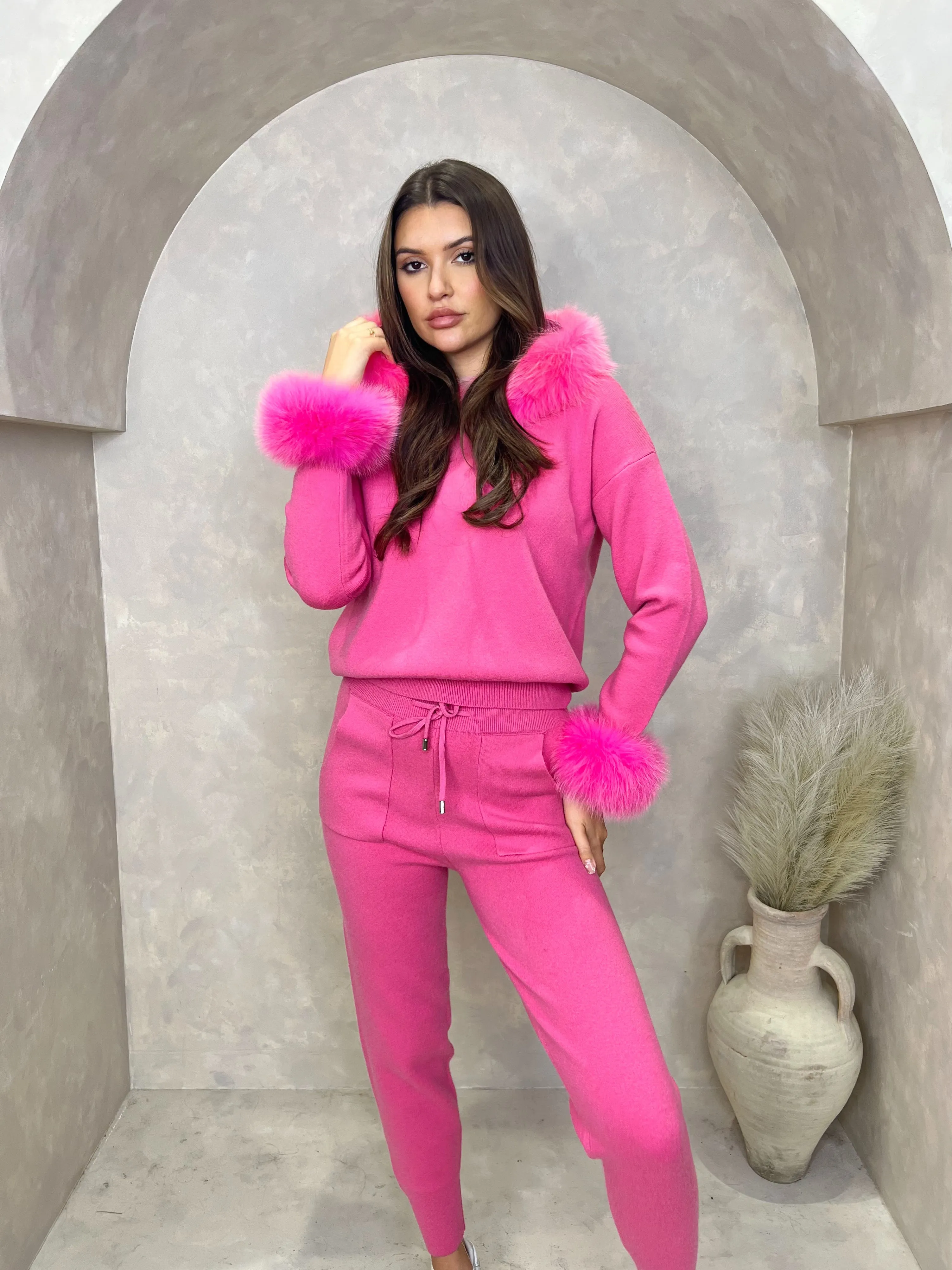 Hot Pink Luxury Fur Trim Hood & Cuff Jogger Tracksuit