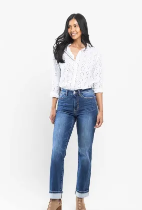 Judy Blue HW Contrast Wash Thermal Straight Jeans