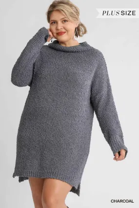 Junior High Cowl Neck Bouclé Long Sleeve Sweater Dress