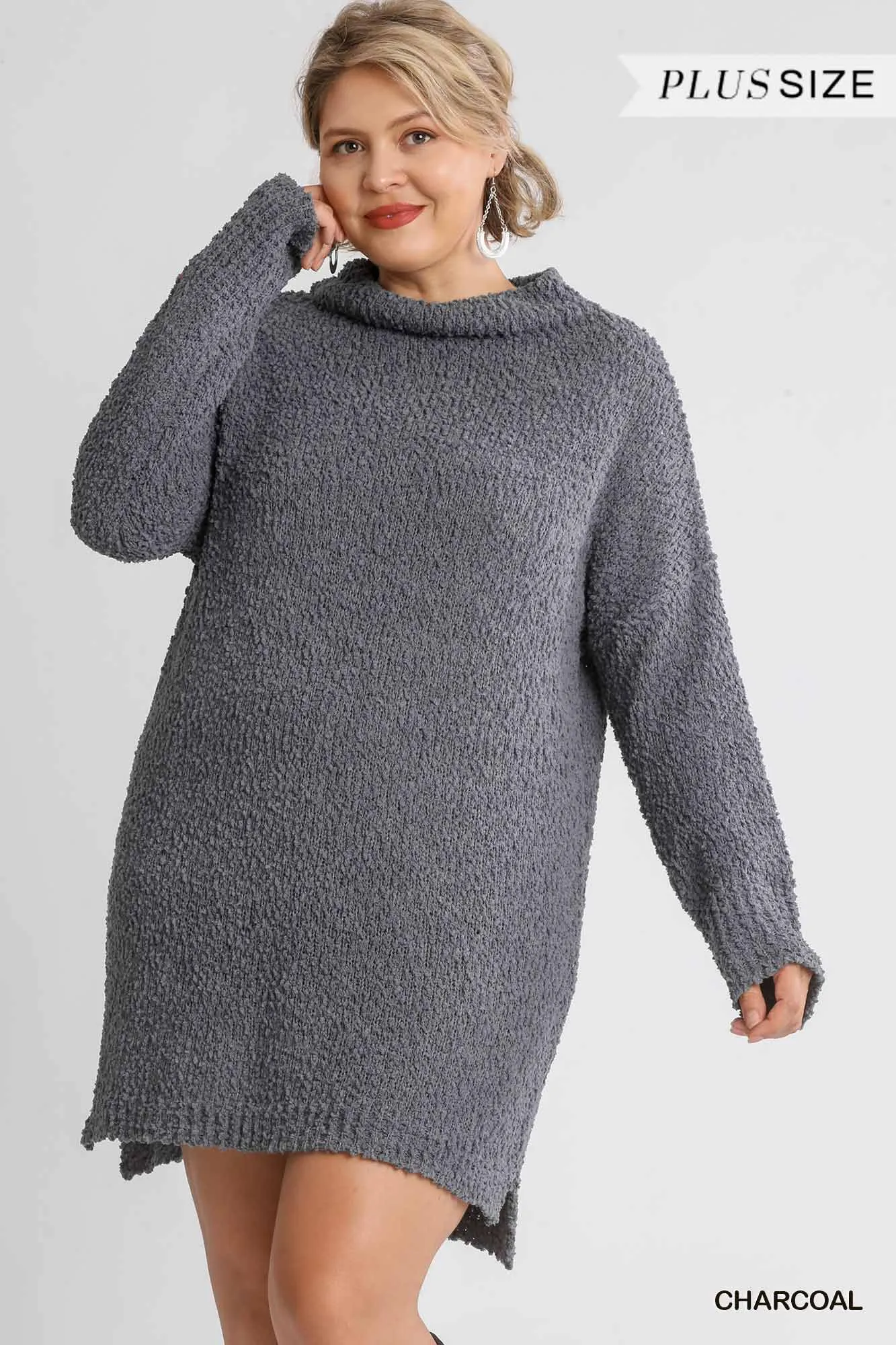 Junior High Cowl Neck Bouclé Long Sleeve Sweater Dress