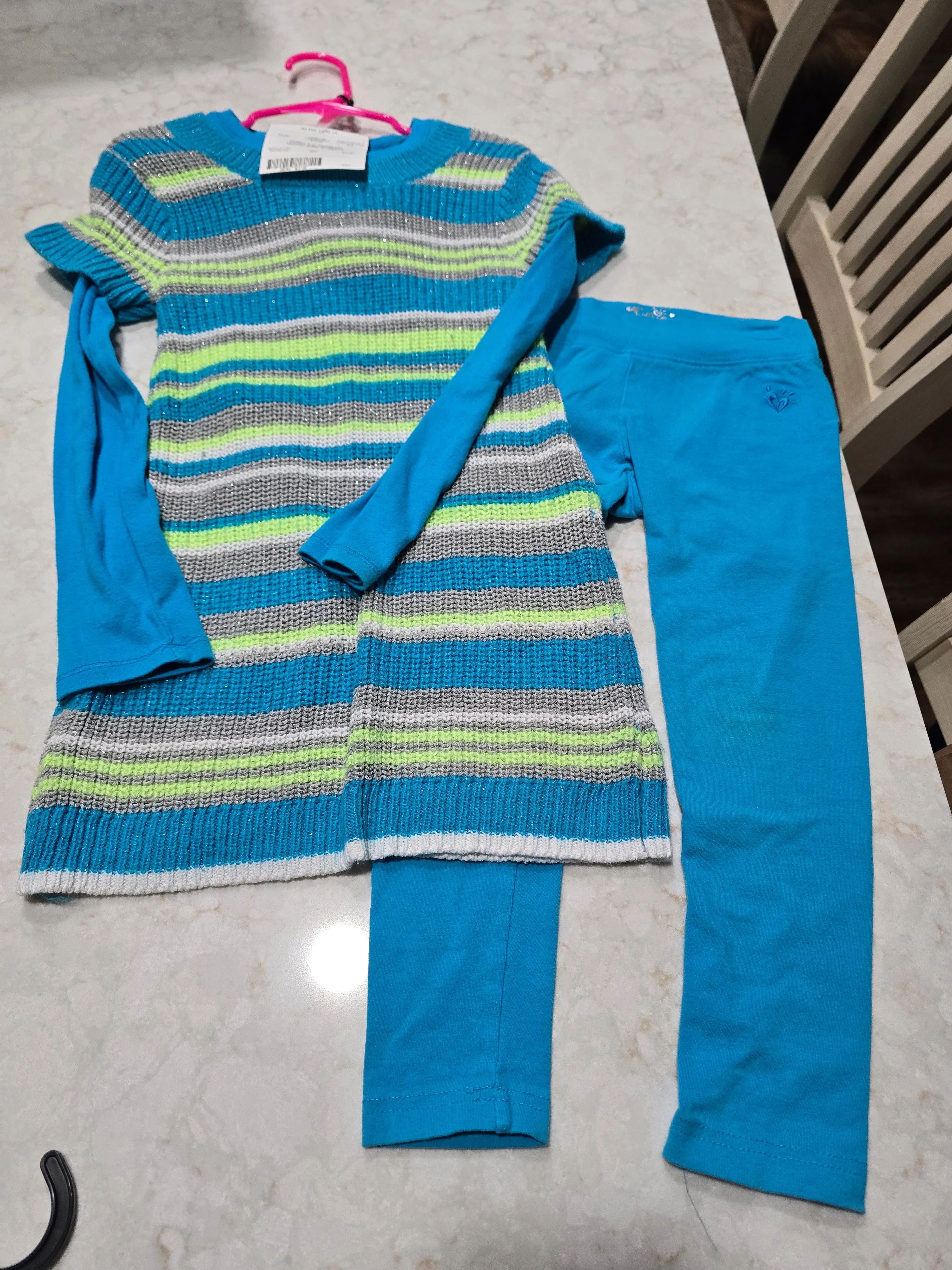 Justice 3 pc blue/green sweater dress w/ legging - size Kids Clothing:     7