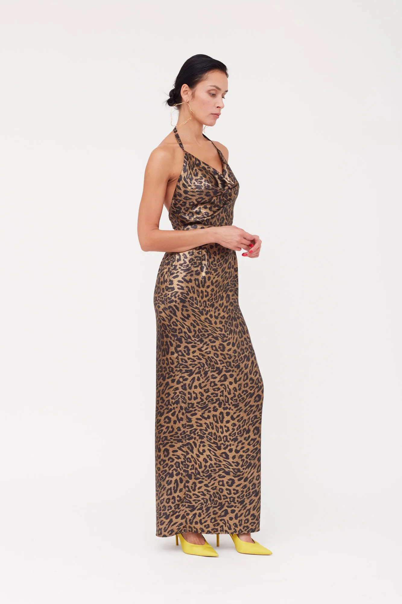 KALEA Animal Leopard Print Maxi Cowl Neck Dress