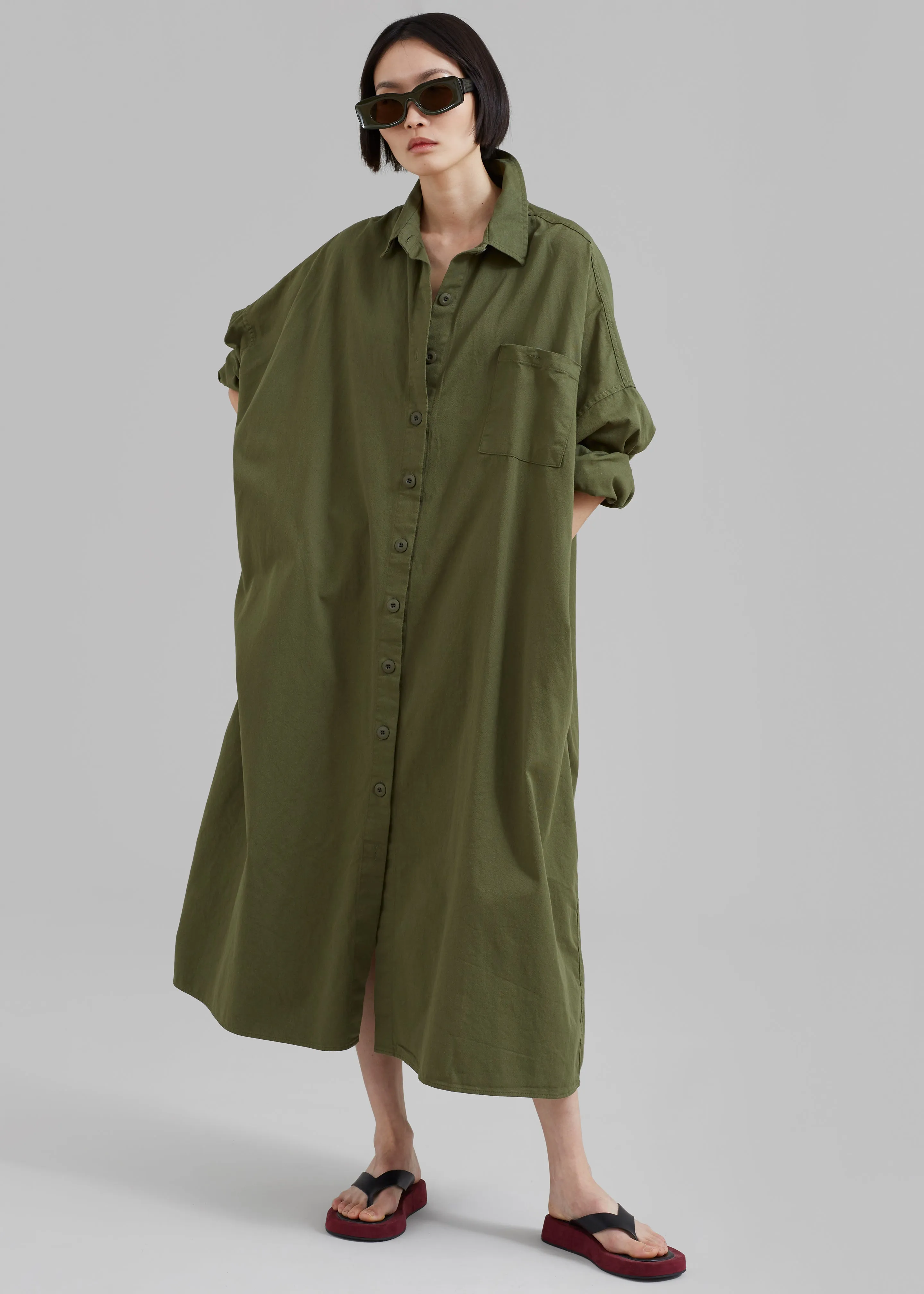 Kason Oversized Shirt Dress - Dark Olive