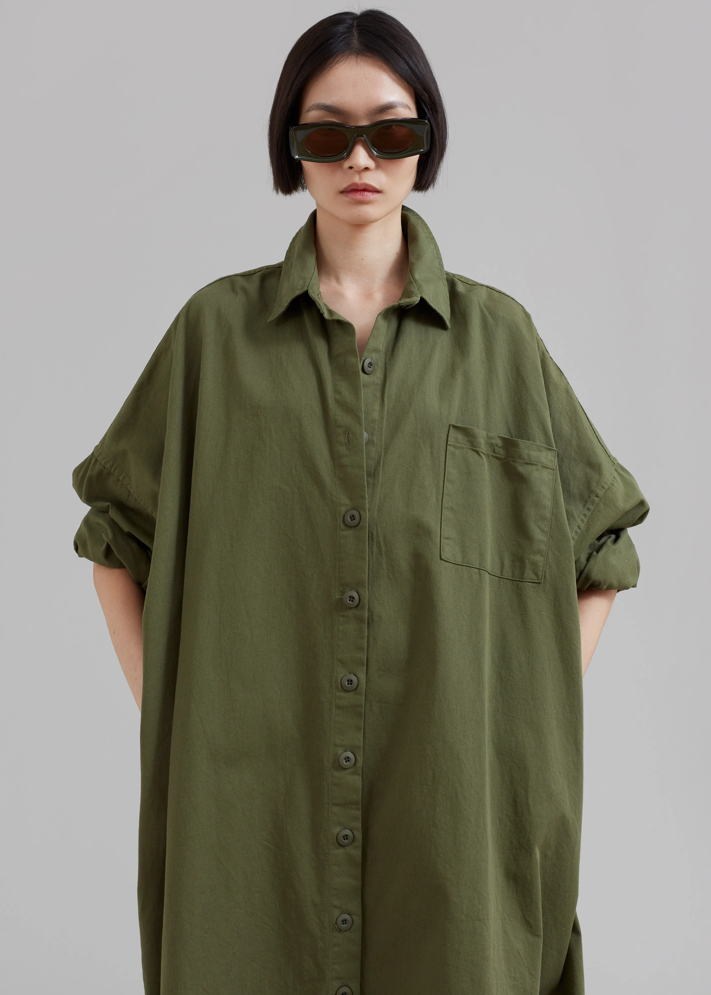 Kason Oversized Shirt Dress - Dark Olive