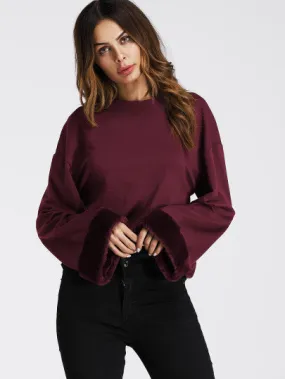 Ladies boho burgundy fur trim long sleeve top