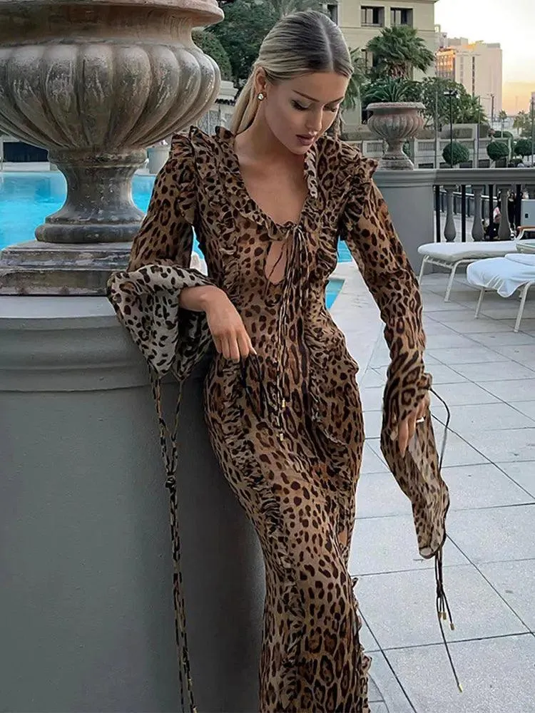 Leopard Print Halter Maxi Dress: Elegant Lace Gown