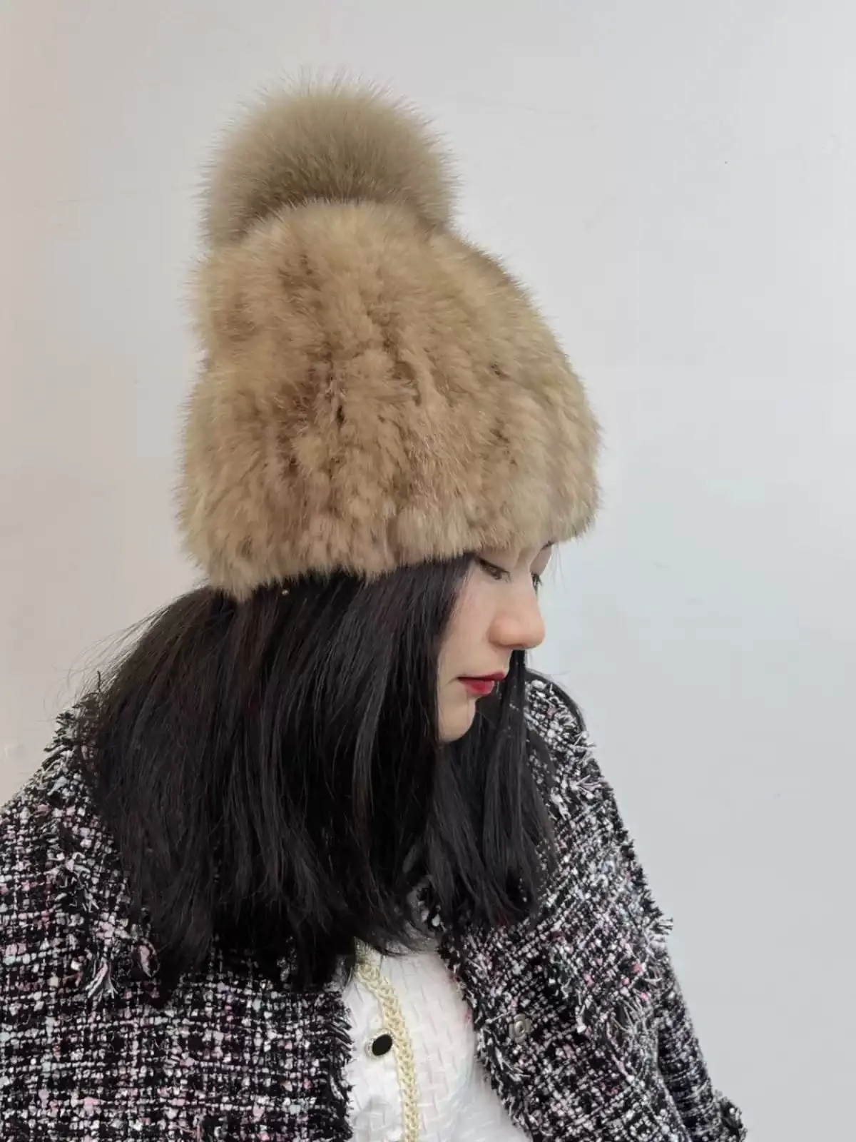 Light luxury sable fur hat elastic double-sided mink fur women's autumn and winter round head hat all-match wool ball hat