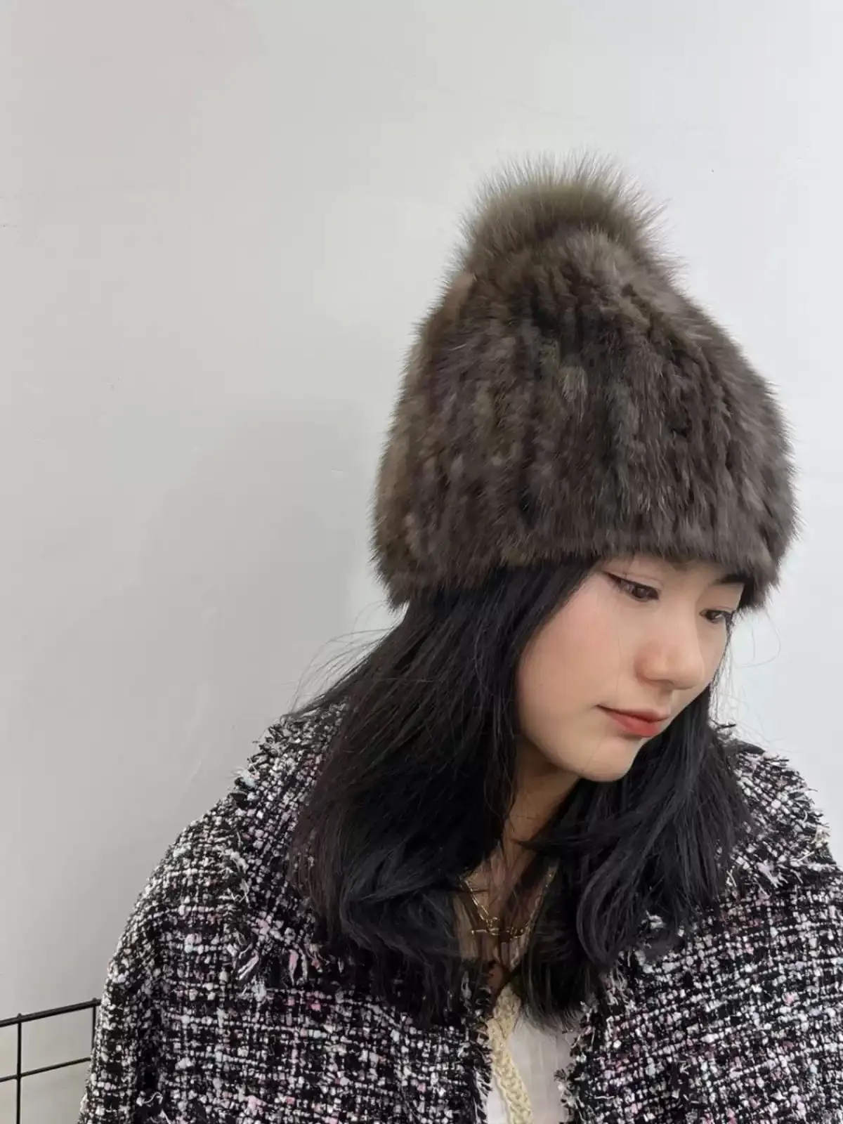 Light luxury sable fur hat elastic double-sided mink fur women's autumn and winter round head hat all-match wool ball hat