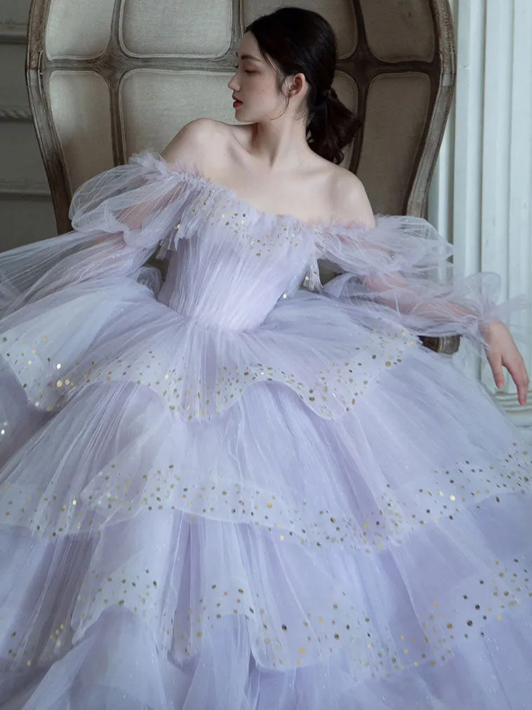 Light Purple Tulle Sequin Long Prom Dress, Purple Evening Dress