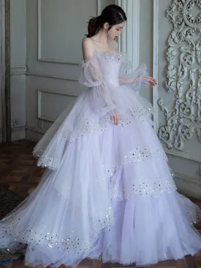 Light Purple Tulle Sequin Long Prom Dress, Purple Evening Dress