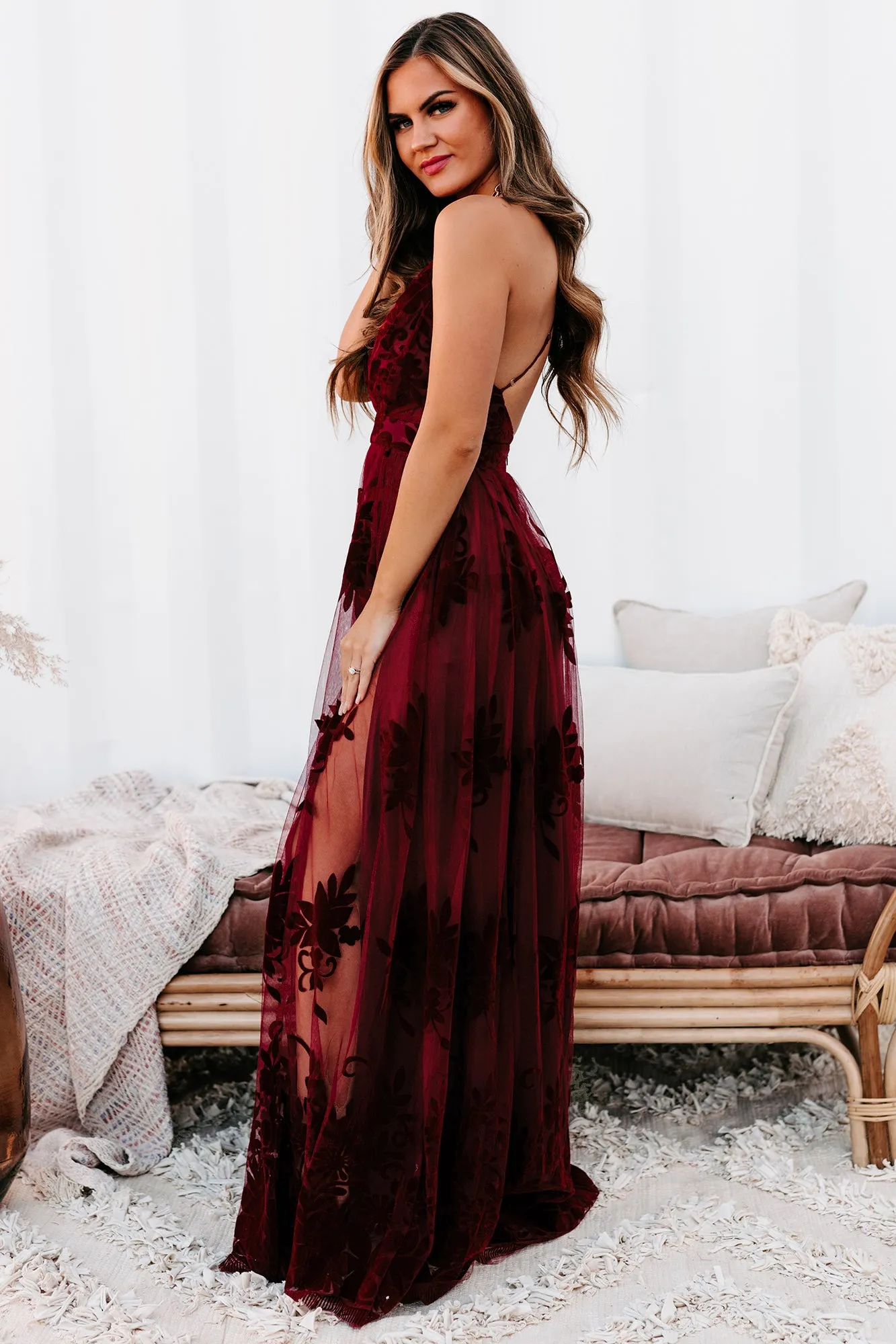 Lust Or Love Floral Mesh Maxi Dress (Wine)