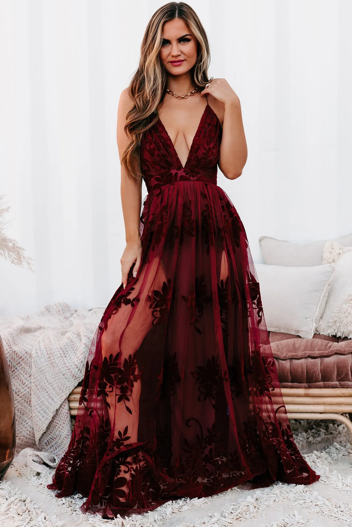 Lust Or Love Floral Mesh Maxi Dress (Wine)