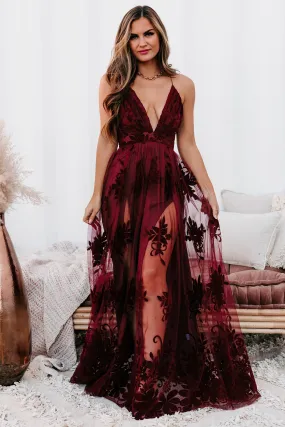 Lust Or Love Floral Mesh Maxi Dress (Wine)