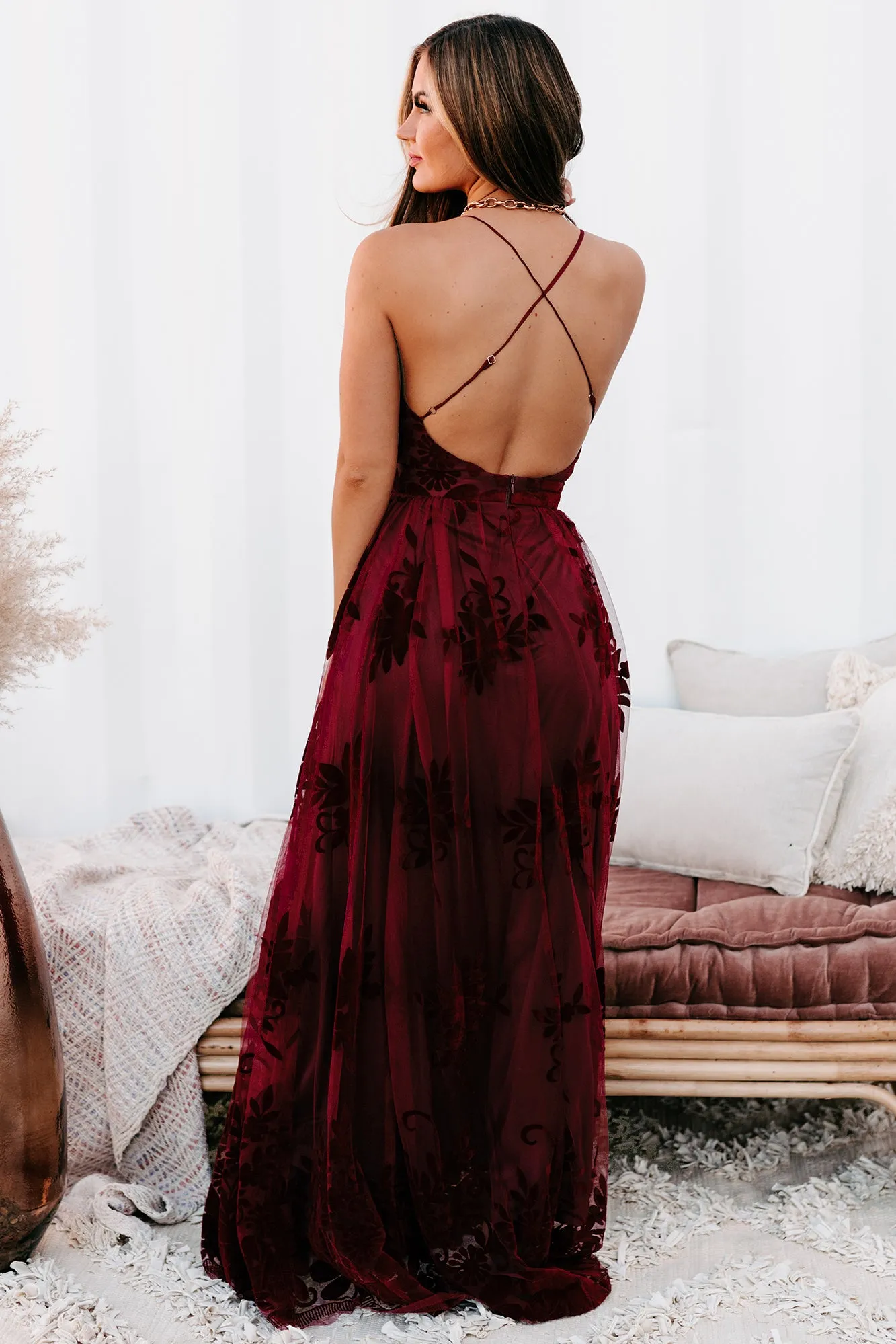 Lust Or Love Floral Mesh Maxi Dress (Wine)