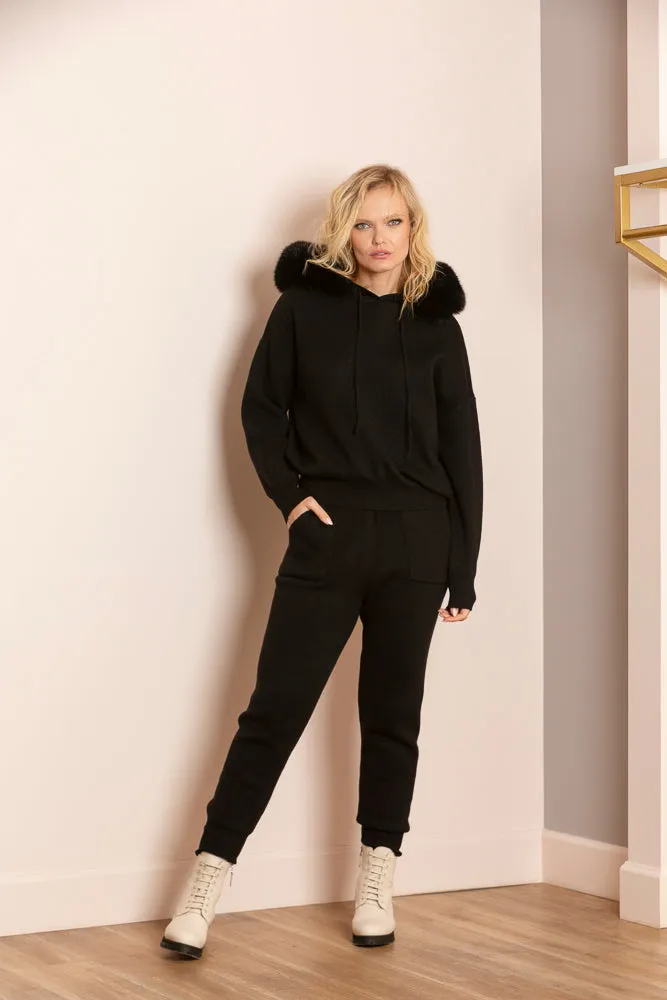 Madilyn Wool Blended Hooded Sweater with Detachable Faux Fur Trim