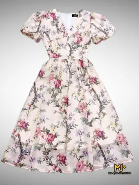 MJV1511 Floral V-Neck Puff Sleeve Fit & Flare Dress
