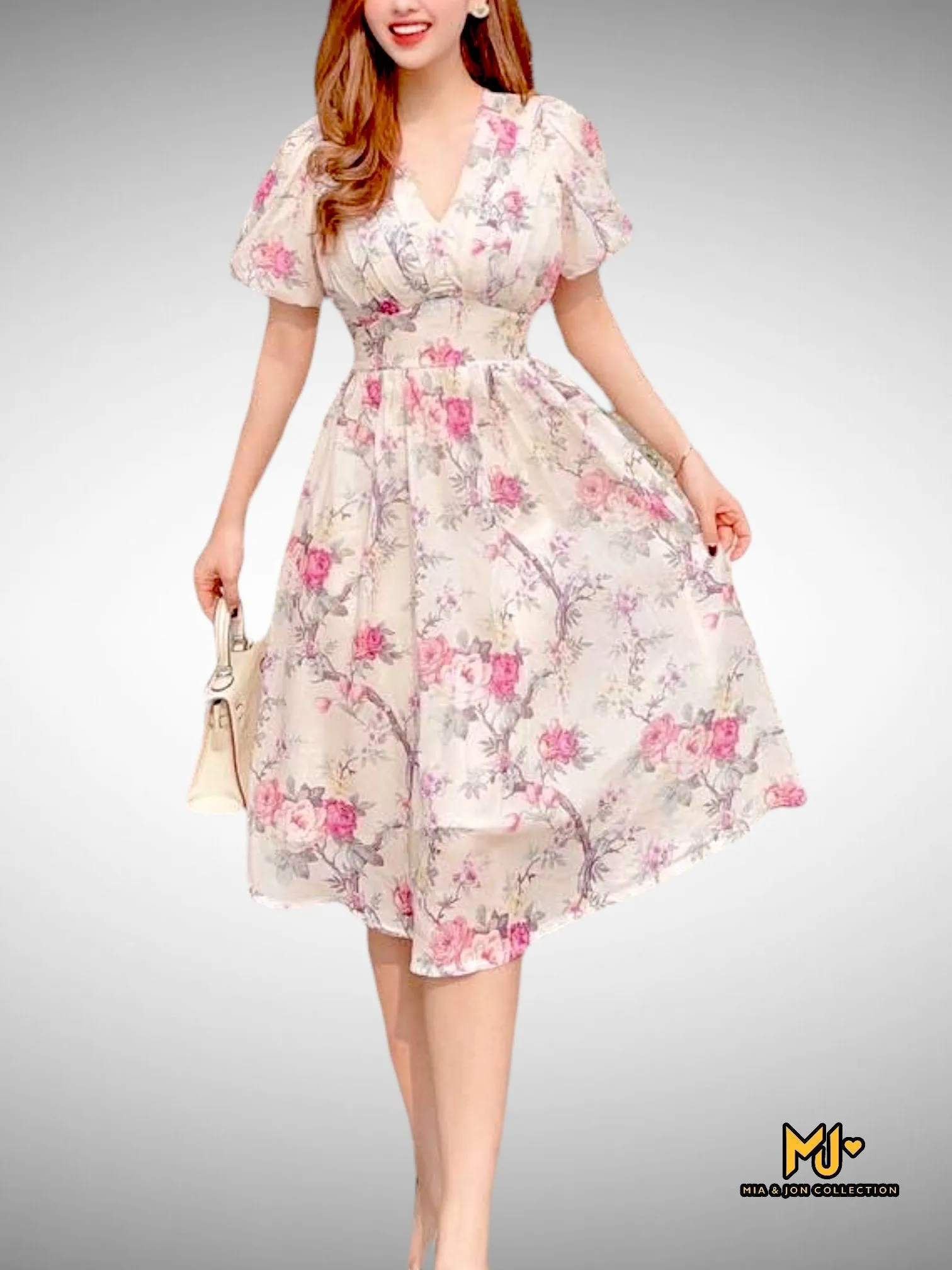 MJV1511 Floral V-Neck Puff Sleeve Fit & Flare Dress