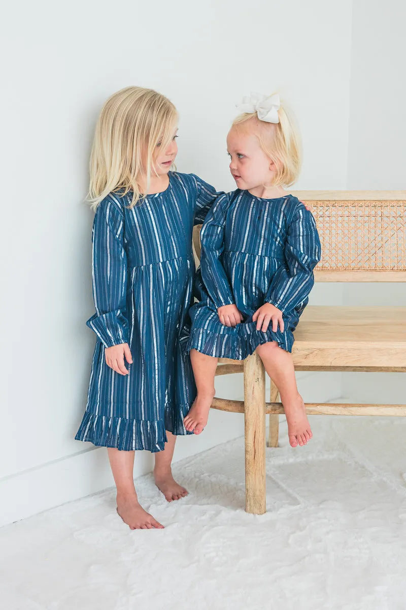 Navy Lurex Long Sleeve Ruffle Detail Dress