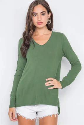 Olive Knit V-Neck Casual Solid Long Sleeve Sweater