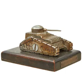Original Hungarian WWII Tank Trench Art Desk Model on Wood Base marked "1939 Mikulas" - Formerly Part of the A.A.F. Tank Museum