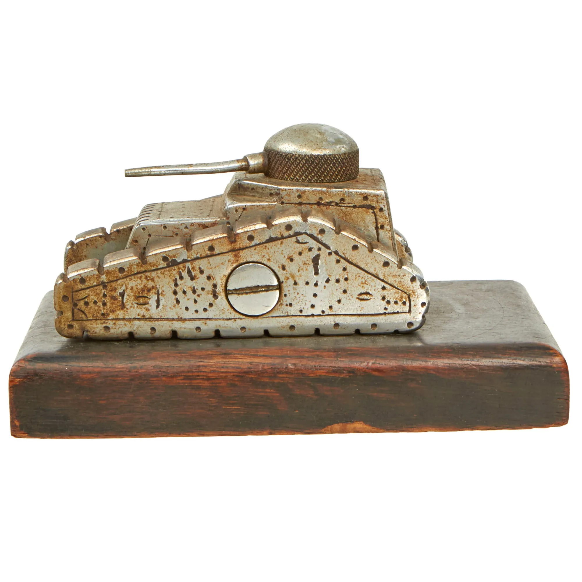 Original Hungarian WWII Tank Trench Art Desk Model on Wood Base marked "1939 Mikulas" - Formerly Part of the A.A.F. Tank Museum
