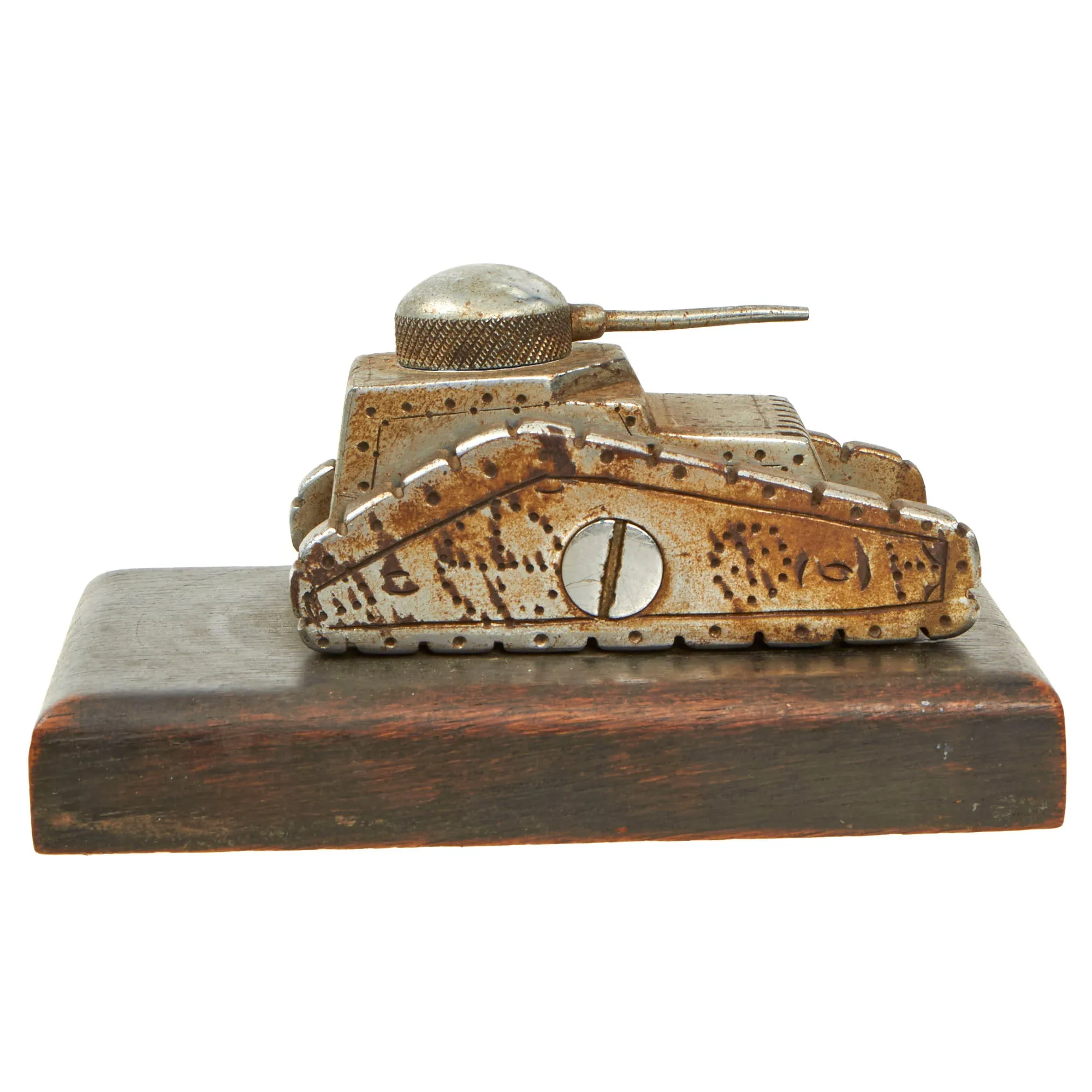 Original Hungarian WWII Tank Trench Art Desk Model on Wood Base marked "1939 Mikulas" - Formerly Part of the A.A.F. Tank Museum