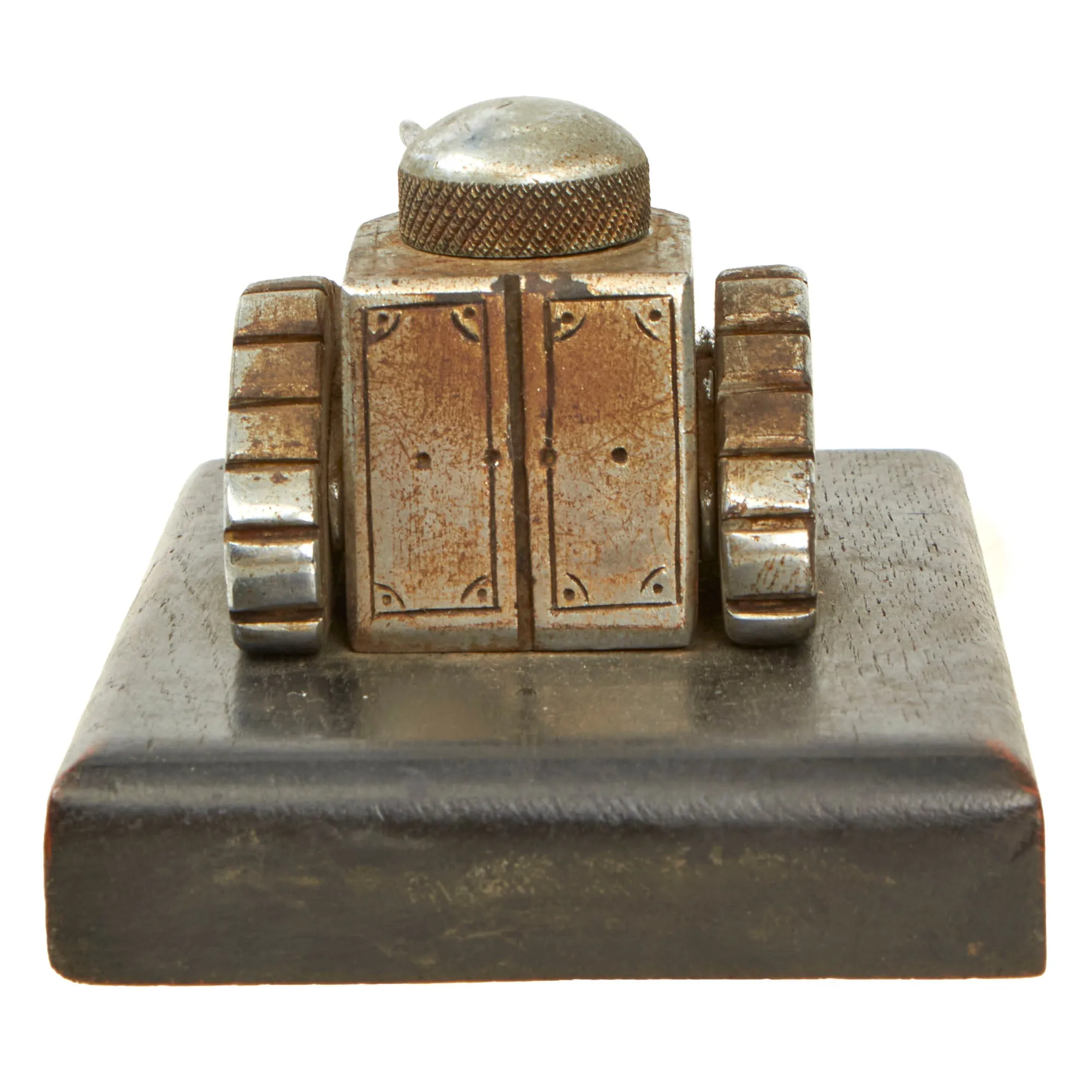 Original Hungarian WWII Tank Trench Art Desk Model on Wood Base marked "1939 Mikulas" - Formerly Part of the A.A.F. Tank Museum