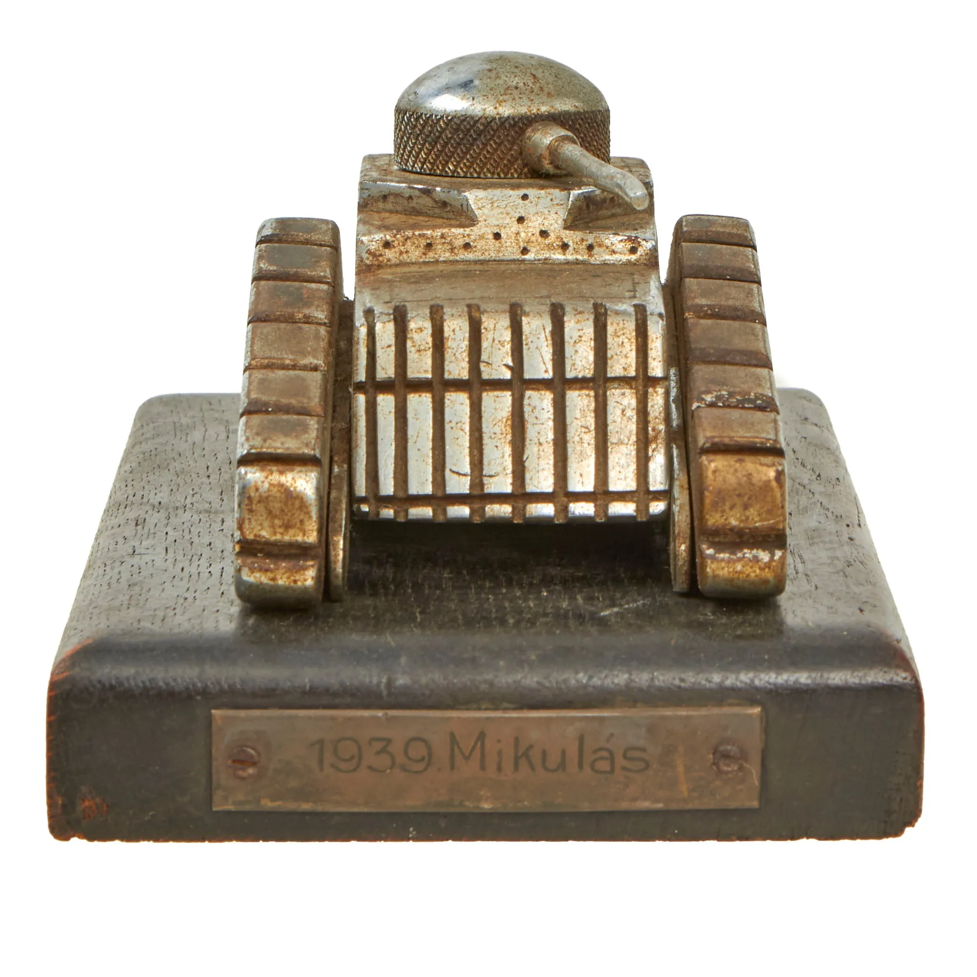 Original Hungarian WWII Tank Trench Art Desk Model on Wood Base marked "1939 Mikulas" - Formerly Part of the A.A.F. Tank Museum