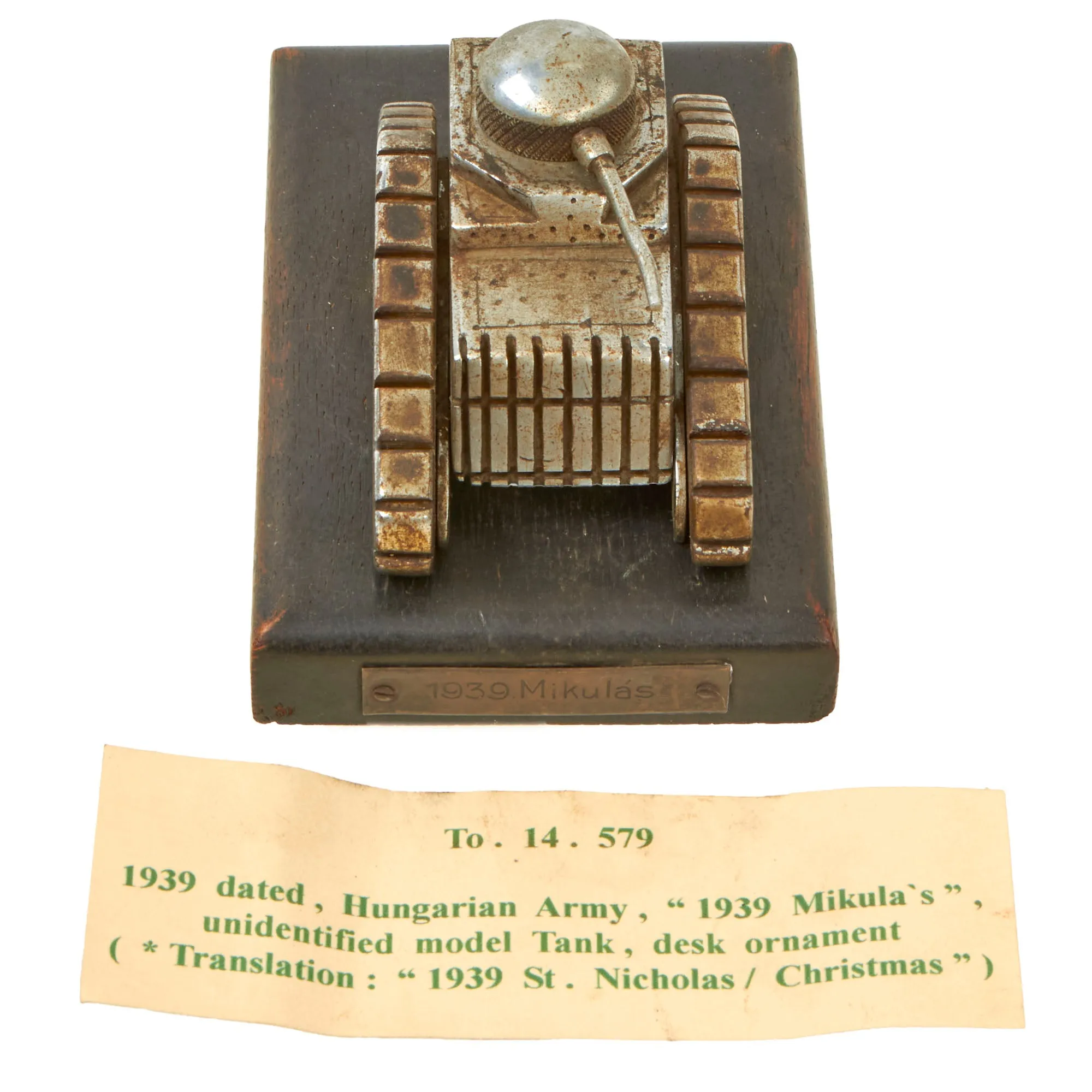 Original Hungarian WWII Tank Trench Art Desk Model on Wood Base marked "1939 Mikulas" - Formerly Part of the A.A.F. Tank Museum