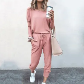 Plain leisure sweater and sweatpants for women